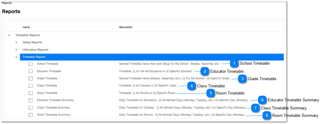 Timetable Reports